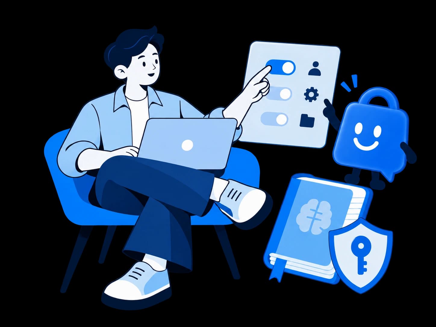 A seated merchant uses a laptop and adjusts permissions, beside the blue shopping-bag assistant, a memory notebook and a key shield.