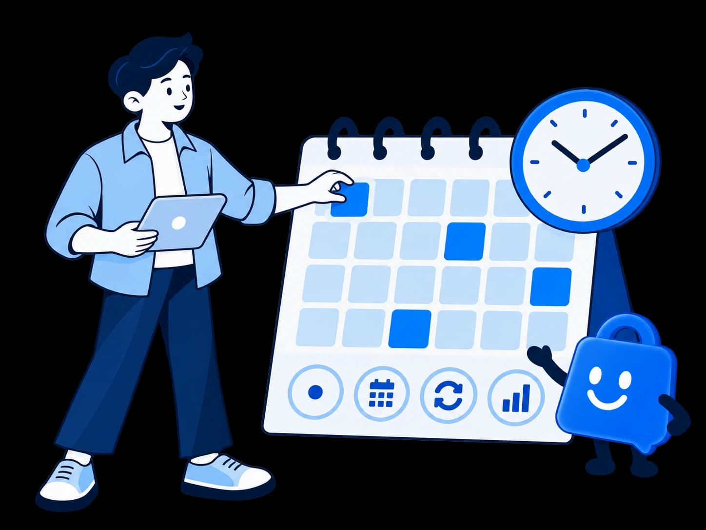 A standing merchant plans updates on a calendar while holding a tablet, with the blue shopping-bag assistant beside him.