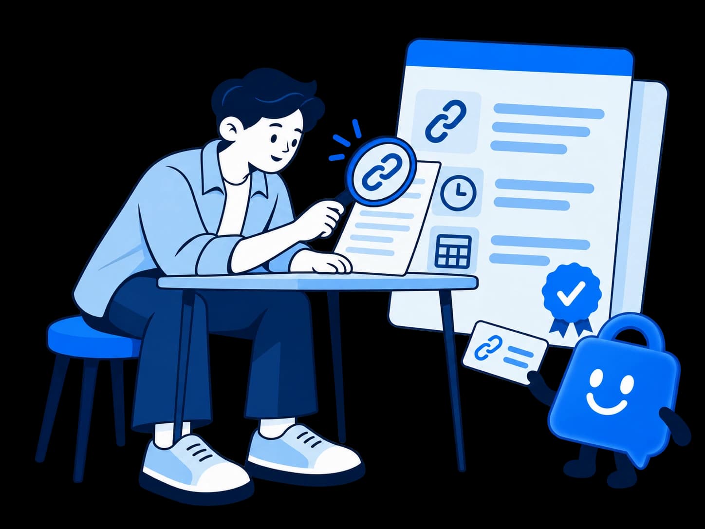 A merchant leans forward at a desk to inspect a document with a magnifying glass, while the blue shopping-bag assistant offers a source reference.
